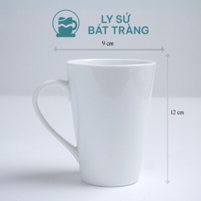 Kích thước ly sứ Bát Tràng quà tặng in logo màu trắng dáng vát cao 400ml