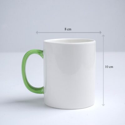 Kích thước ly sứ màu Bát Tràng quà tặng in logo màu trắng dáng trụ quai C có màu xanh lá 350ml LM-46
