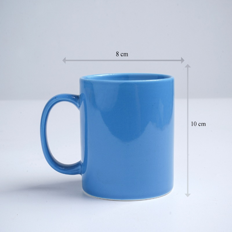 Kích thước ly sứ màu bóng Bát Tràng quà tặng in logo màu xanh dương bóng dáng trụ quai C 350ml LM-56