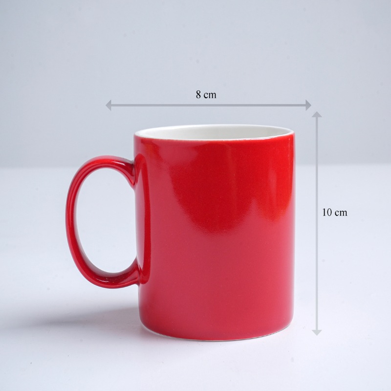 Kích thước ly sứ màu bóng Bát Tràng quà tặng in logo màu đỏ dáng trụ quai C 350ml LM-57