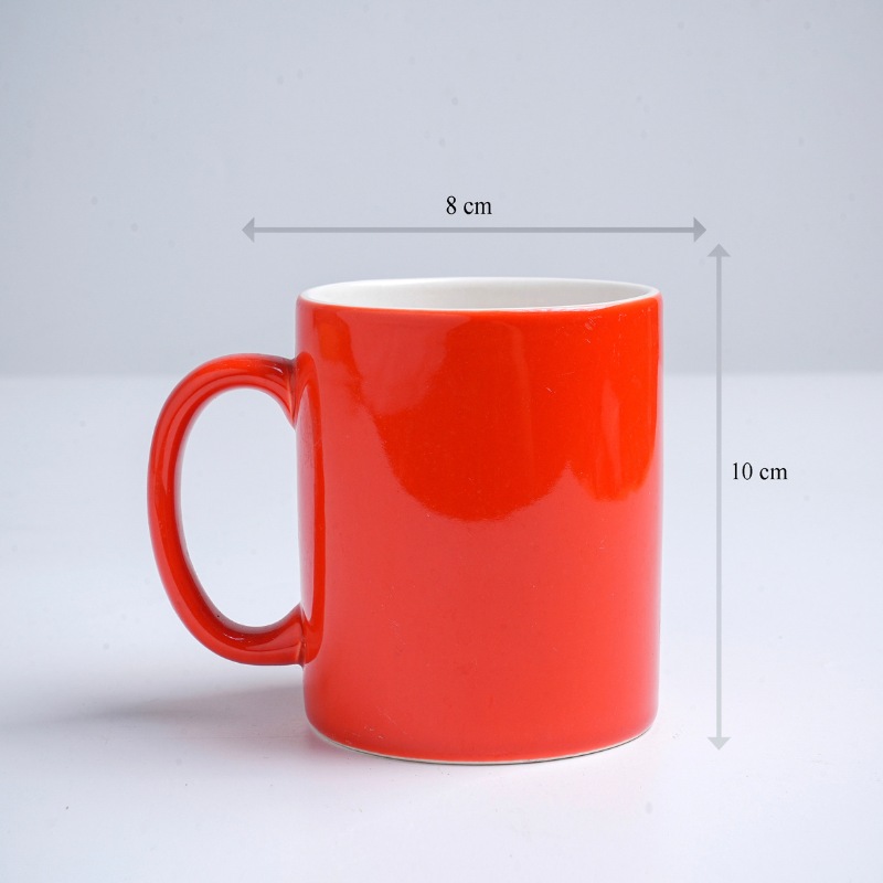 Kích thước ly sứ màu bóng Bát Tràng quà tặng in logo màu cam dáng trụ quai C 350ml LM-58