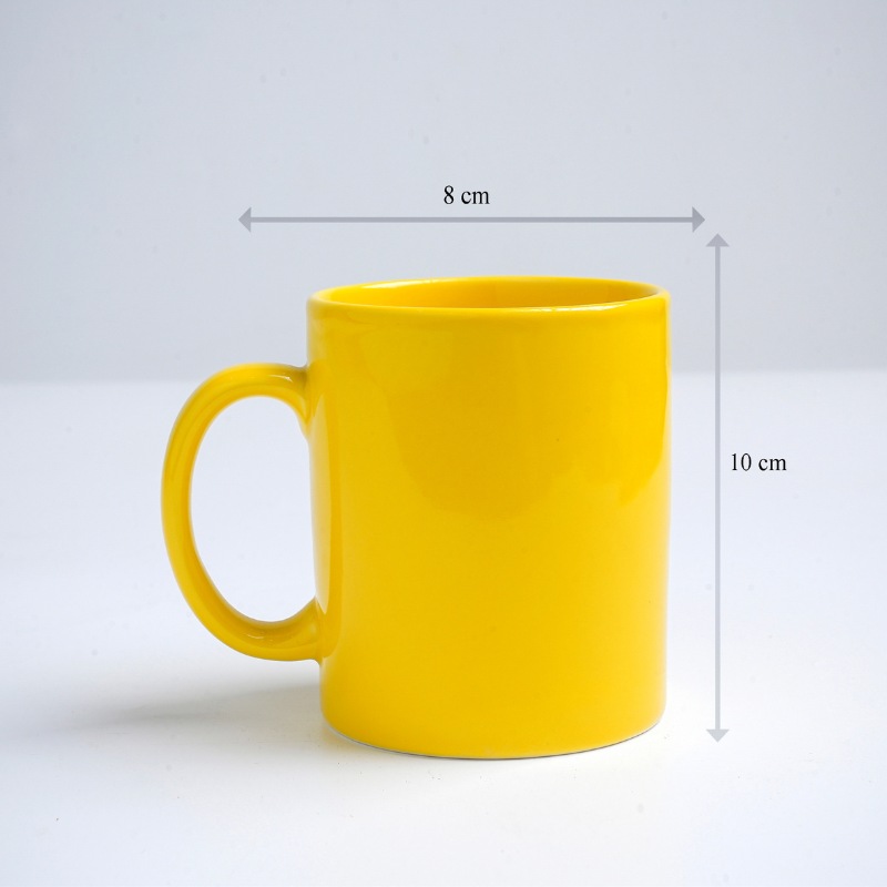 Kích thước ly sứ màu bóng Bát Tràng quà tặng in logo màu vàng bóng dáng trụ quai C 350ml LM-59