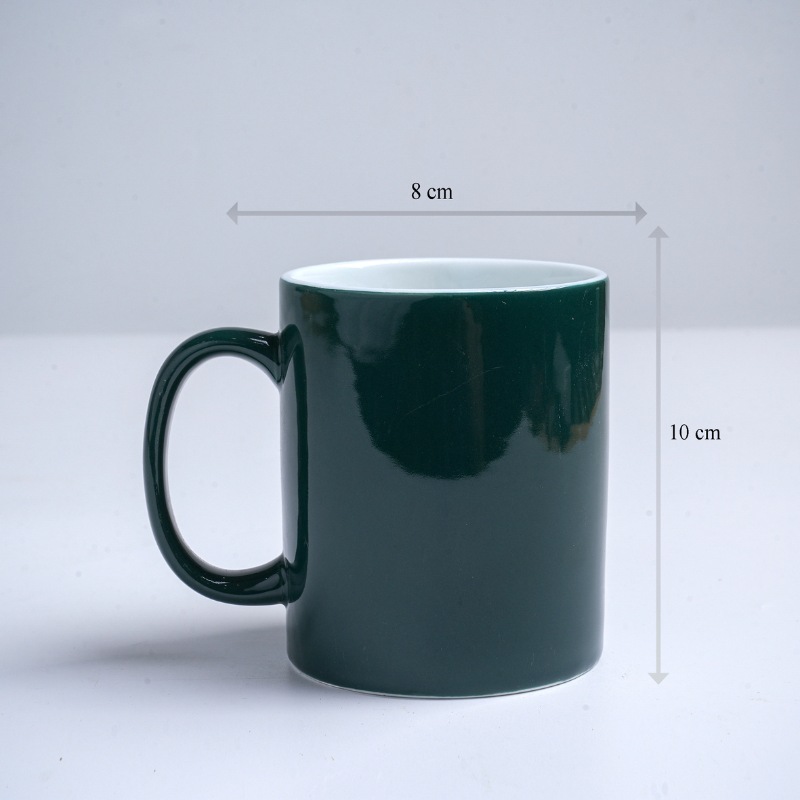 Kích thước ly sứ màu bóng Bát Tràng quà tặng in logo màu xanh ngọc lục bảo dáng trụ quai C 350ml LM-60