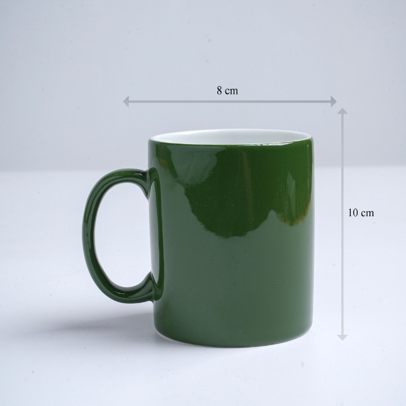 Kích thước ly sứ màu bóng Bát Tràng quà tặng in logo màu xanh lá đậm dáng trụ quai C 350ml LM-61