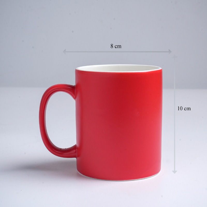 Kích thước ly sứ màu mát Bát Tràng quà tặng in logo màu đỏ mát dáng trụ quai C 350ml LM-62