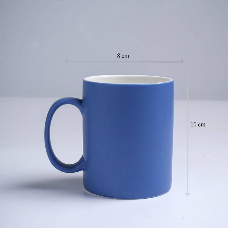 Kích thước ly sứ màu mát Bát Tràng quà tặng in logo màu xanh dương mát dáng trụ quai C 350ml LM-63