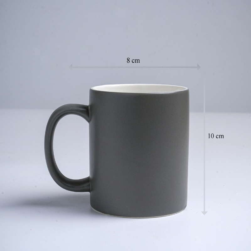 Kích thước ly sứ màu mát Bát Tràng quà tặng in logo màu xám mát dáng trụ quai C 350ml LM-64