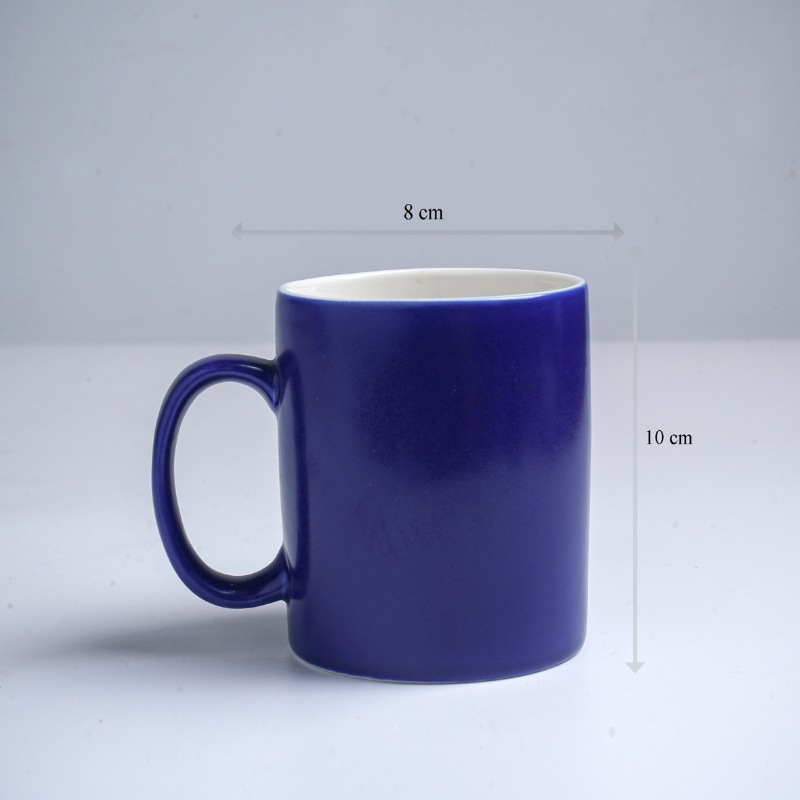 Kích thước ly sứ màu mát Bát Tràng quà tặng in logo màu xanh coban mát dáng trụ quai C 350ml LM-65