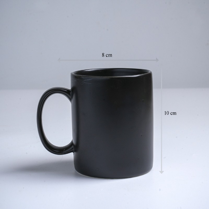 Kích thước ly sứ màu mát Bát Tràng quà tặng in logo màu đen mát dáng trụ quai C 350ml LM-69