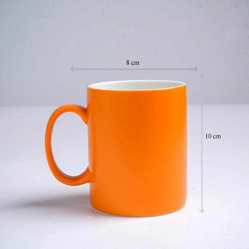 Kích thước ly sứ màu mát Bát Tràng quà tặng in logo màu cam mát dáng trụ quai C 350ml LM-70