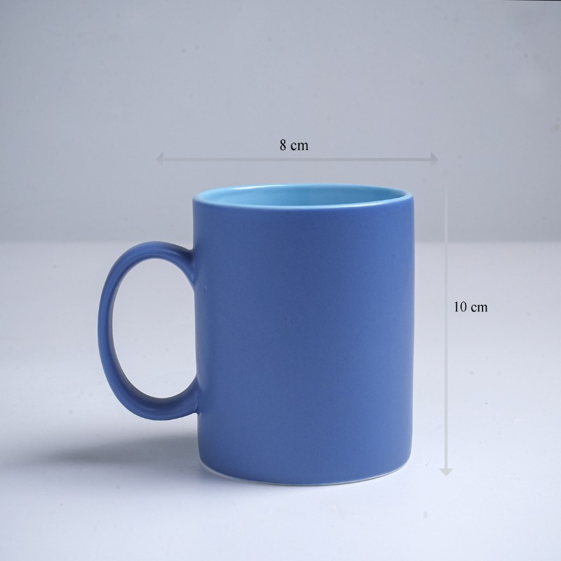 Kích thước ly sứ màu Bát Tràng quà tặng in logo 2 màu xanh navy và xanh dương nhạt dáng trụ quai C 350ml LM-71