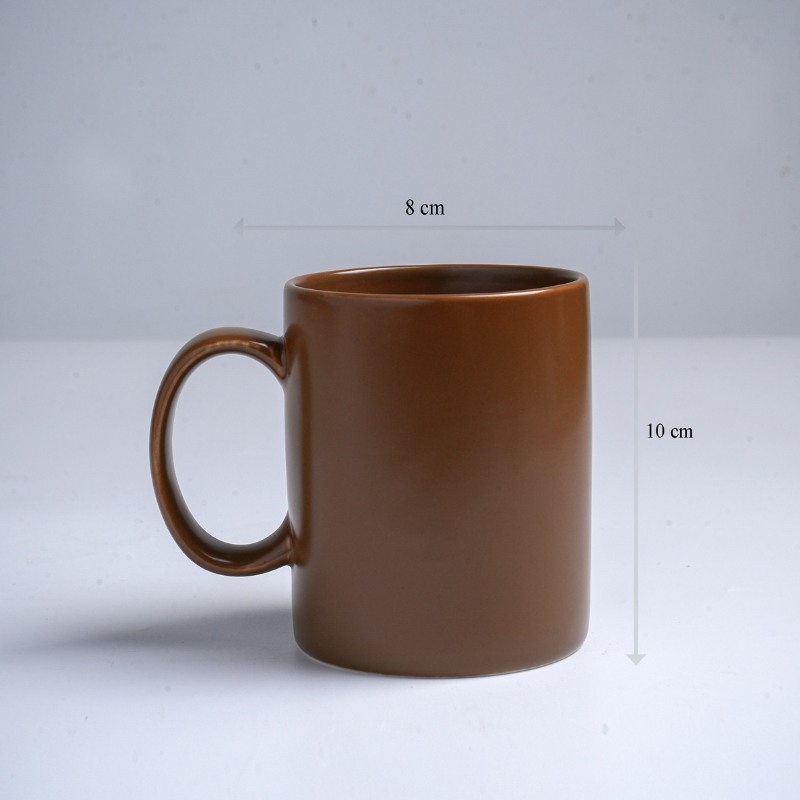Kích thước ly sứ màu mát Bát Tràng quà tặng in logo màu nâu đất mát dáng trụ quai C 350ml LM-74