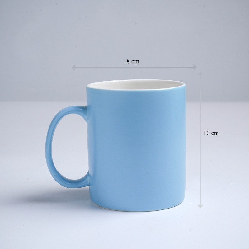 Kích thước ly sứ màu mát Bát Tràng quà tặng in logo màu xanh dương nhạt mát dáng trụ quai C 350ml LM-75