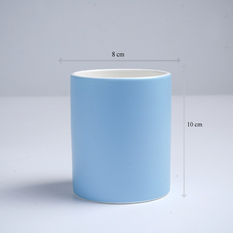 Kích thước ly sứ màu mát Bát Tràng quà tặng in logo màu xanh dương nhạt mát dáng trụ không quai 350ml LM-77