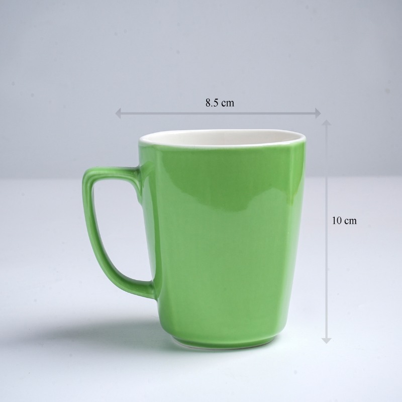Kích thước ly sứ màu bóng Bát Tràng màu xanh lá dáng vuông có quai 390ml LM-97