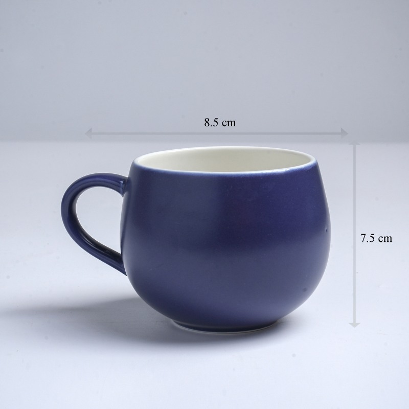 Kích thước ly sứ màu mát Bát Tràng màu xanh dương đậm mát dáng bầu có quai 220ml LM-101