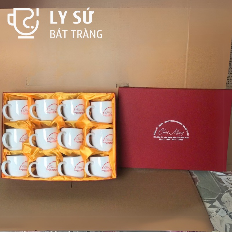 Bộ 12 cốc sứ Bát Tràng quà tặng in logo màu trắng dáng trụ lùn quai C dung tích 300ml BCS-01