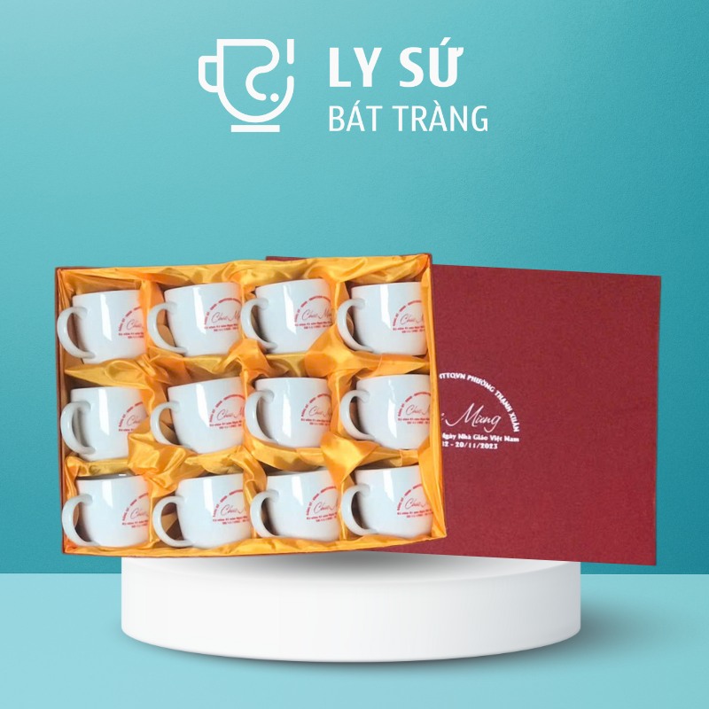 Bộ 12 cốc sứ Bát Tràng quà tặng in logo màu trắng dáng trụ lùn quai C dung tích 300ml BCS-01
