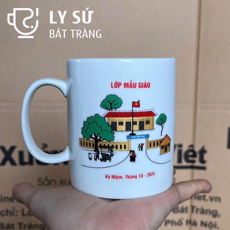 Bộ 2 cốc sứ Bát Tràng quà tặng in logo màu trắng dáng trụ quai C BCS-04