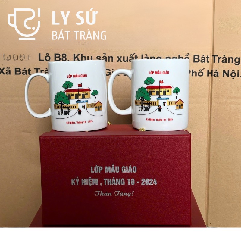 Bộ 2 cốc sứ Bát Tràng quà tặng in logo màu trắng dáng trụ quai C BCS-04