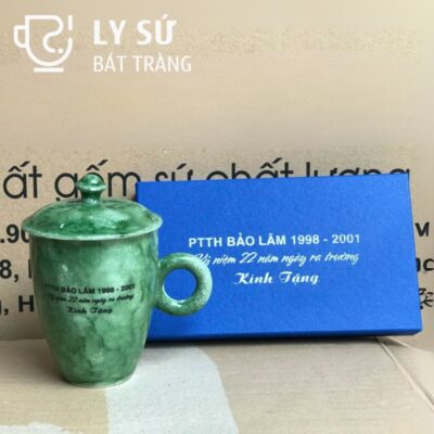 Bộ 2 cốc sứ Bát Tràng quà tặng in logo men vân đá dáng thóp có nắp 330ml BCS-05