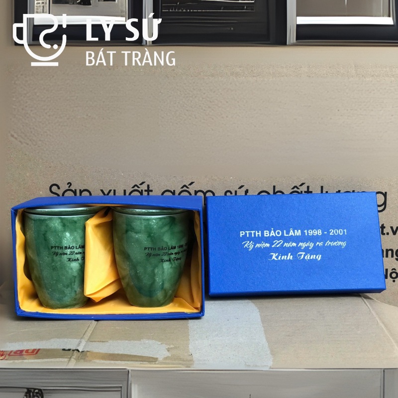 Bộ 2 cốc sứ Bát Tràng quà tặng in logo men vân đá dáng thóp có nắp 330ml BCS-05