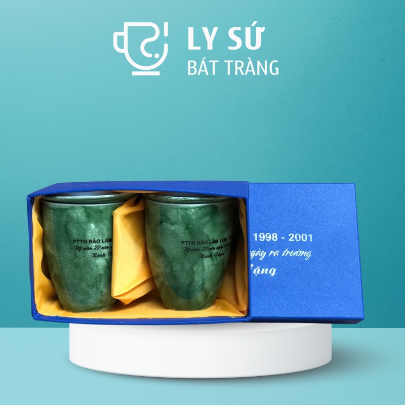 Bộ 2 cốc sứ Bát Tràng quà tặng in logo men vân đá dáng thóp có nắp 330ml BCS-05