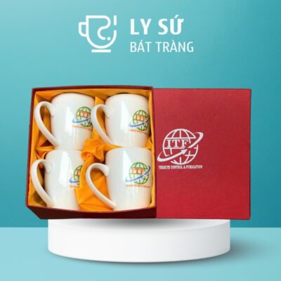 Bộ 4 cốc sứ Bát Tràng quà tặng in logo màu trắng dáng thóp quai bán tim 300ml BCS-07