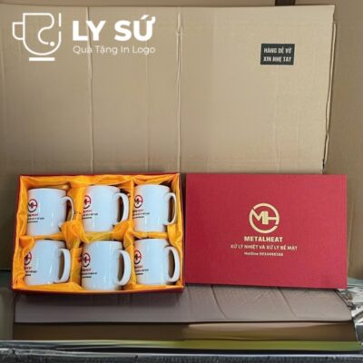 Bộ 6 cốc sứ Bát Tràng quà tặng in logo dáng trụ quai C 350ml BCS-09