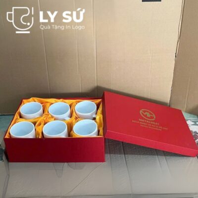 Bộ 6 cốc sứ Bát Tràng quà tặng in logo dáng trụ quai C 350ml BCS-09