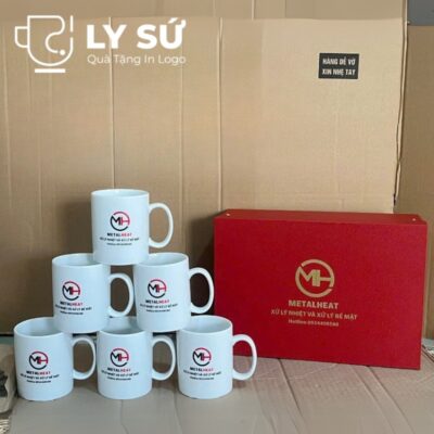 Bộ 6 cốc sứ Bát Tràng quà tặng in logo dáng trụ quai C 350ml BCS-09