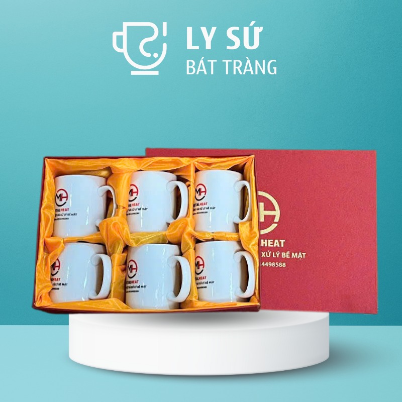 Bộ 6 cốc sứ Bát Tràng quà tặng in logo dáng trụ quai C 350ml BCS-09