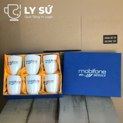 Bộ 6 cốc sứ Bát Tràng quà tặng in logo màu trắng dáng thóp không quai dung tích 350ml BCS-02