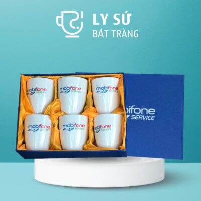 Bộ 6 cốc sứ Bát Tràng quà tặng in logo màu trắng dáng thóp không quai dung tích 350ml BCS-02