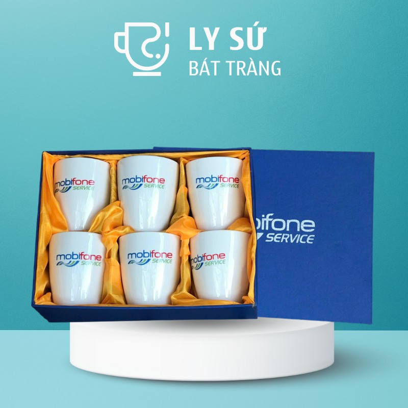 Bộ 6 cốc sứ Bát Tràng quà tặng in logo màu trắng dáng thóp không quai dung tích 350ml BCS-02