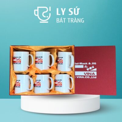 Bộ 6 cốc sứ Bát Tràng quà tặng in logo màu trắng dáng trụ quai C dung tích 350ml BCS-03