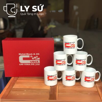Bộ 6 cốc sứ Bát Tràng quà tặng in logo màu trắng dáng trụ quai C dung tích 350ml BCS-03