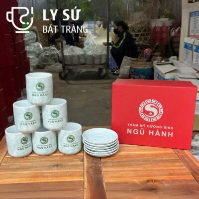 Bộ 6 cốc sứ Bát Tràng quà tặng in logo men vân đá dáng trụ không quai 200ml BCS-06