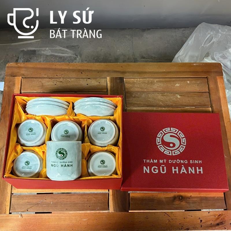 Bộ 6 cốc sứ Bát Tràng quà tặng in logo men vân đá dáng trụ không quai 200ml BCS-06