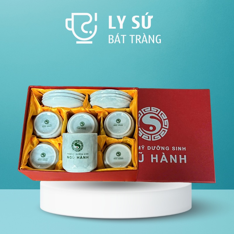 Bộ 6 cốc sứ Bát Tràng quà tặng in logo men vân đá dáng trụ không quai 200ml BCS-06