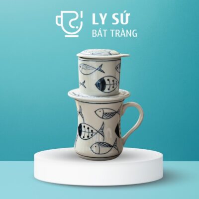 Bộ phin cafe sứ Bát Tràng quà tặng in logo dáng cao họa tiết vẽ tay đàn cá dung tích 300ml PCF-02
