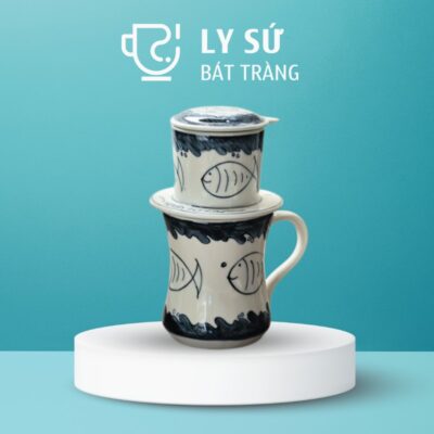Bộ phin cafe sứ Bát Tràng quà tặng in logo dáng cao họa tiết vẽ tay đàn cá màu đậm dung tích 300ml PCF-05