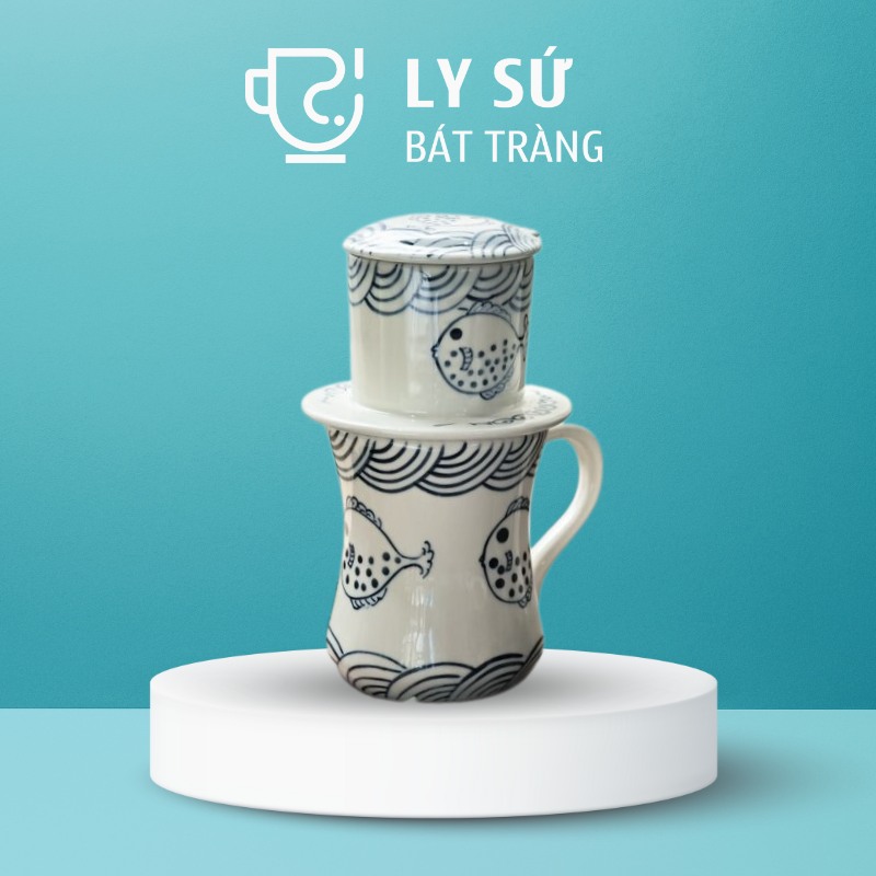 Bộ phin cafe sứ Bát Tràng quà tặng in logo dáng cao họa tiết vẽ tay đàn cá màu nhạt dung tích 300ml PCF-04