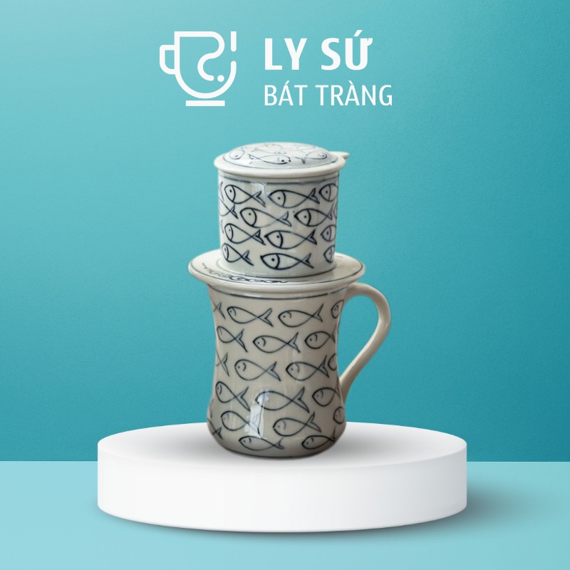 Bộ phin cafe sứ Bát Tràng quà tặng in logo dáng cao họa tiết vẽ tay đàn cá nhỏ dung tích 300ml PCF-06