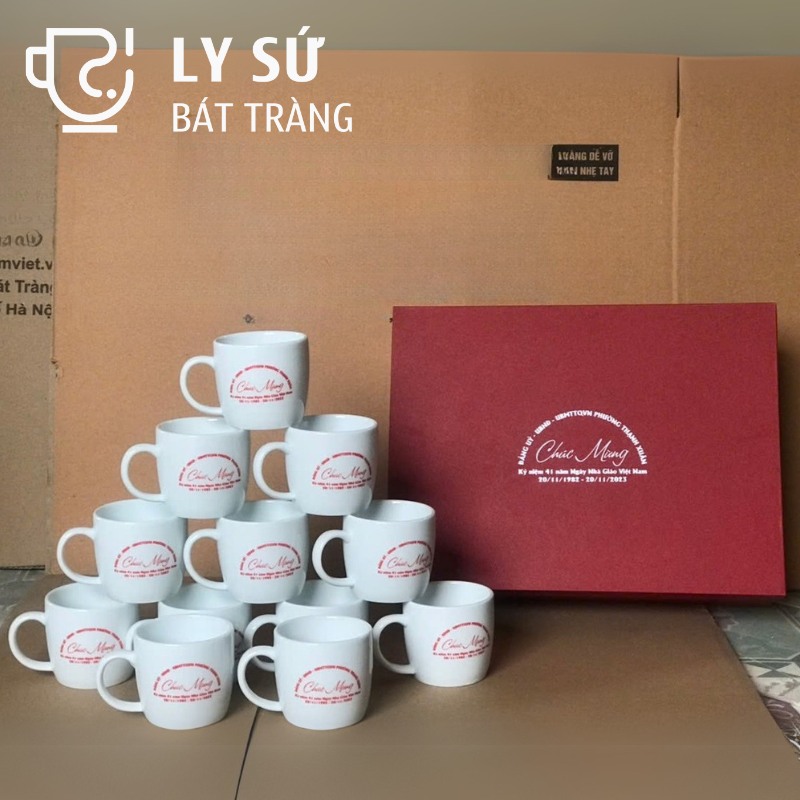Bộ 12 cốc sứ Bát Tràng quà tặng in logo màu trắng dáng trụ lùn quai C dung tích 300ml BCS-01