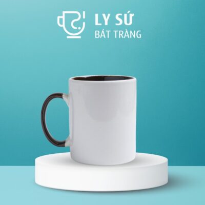 Ly sứ màu Bát Tràng quà tặng in logo 2 màu trắng và nâu dáng trụ quai C có màu 350ml LM-49