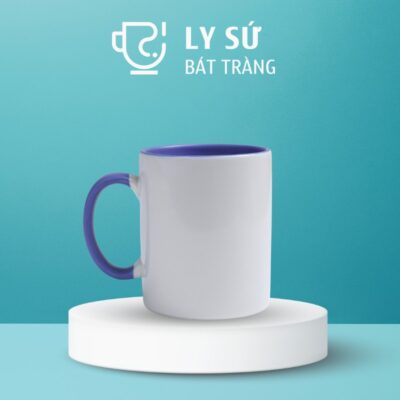 Ly sứ màu Bát Tràng quà tặng in logo 2 màu trắng và tím dáng trụ quai C có màu 350ml LM-52