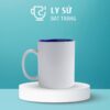 Ly sứ màu Bát Tràng quà tặng in logo 2 màu trắng và xanh coban dáng trụ quai C 350ml LM-36