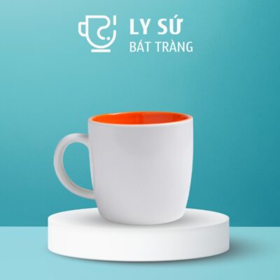 Ly sứ màu Bát Tràng 2 màu trắng mát và cam dáng trụ lùn quai C 300ml LM-117
