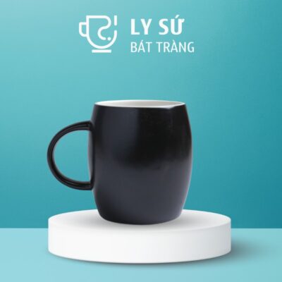 Ly sứ màu mát Bát Tràng màu đen mát dáng trống có quai 400ml LM-105